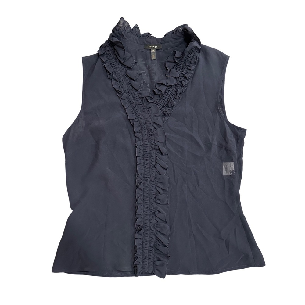 Escada Navy Blue 100% Silk Ruffle V-Neck Sleeveless Blouse Sheer Top Size 38